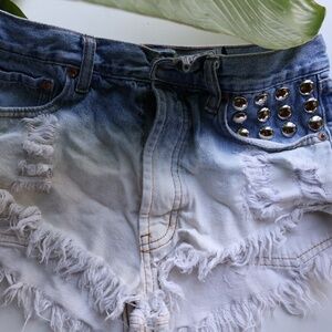 LOVE CULTURE DENIM BLUE WHITE OMBRE FRAYED SHORTS